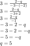 3 = \frac {2-q} {- 3 - (- 2)}\\3 = \frac {2-q} {- 3 + 2}\\3 = \frac {2-q} {- 1}\\-3 = 2-q\\-3-2 = -q\\-5 = -q\\q = 5
