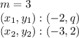 m = 3\\(x_ {1}, y_ {1}): (- 2, q)\\(x_ {2}, y_ {2}): (- 3,2)