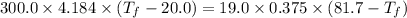 300.0\times 4.184\times (T_f-20.0)=19.0\times 0.375\times (81.7-T_f)