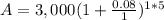 A=3,000(1+\frac{0.08}{1})^{1*5}