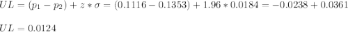 UL=(p_1-p_2)+z*\sigma=(0.1116-0.1353)+1.96*0.0184=-0.0238+0.0361\\\\UL=0.0124
