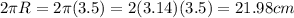2\pi R = 2\pi (3.5) = 2(3.14)(3.5) = 21.98 cm