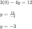 3(0)-4y=12\\\\y=\frac{12}{-4}\\\\y=-3