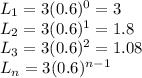 L_1=3(0.6)^{0}=3\\L_2=3(0.6)^{1}=1.8\\L_3=3(0.6)^{2}=1.08\\L_n=3(0.6)^{n-1}