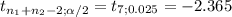 t_{n_1+n_2-2; \alpha/2 } = t_{7; 0.025 } = -2.365