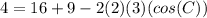 4 = 16 + 9 - 2(2)(3)(cos(C))