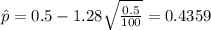 \hat p =0.5 -1.28 \sqrt{\frac{0.5}{100}}=0.4359