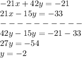 -21x+42y=-21 \\21x-15y=-33\\---------- \\ 42y-15y=-21-33\\27y=-54 \\ y=-2