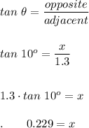 tan\ \theta=\dfrac{opposite}{adjacent}\\\\\\tan\ 10^o=\dfrac{x}{1.3}\\\\\\1.3\cdot tan\ 10^o=x\\\\.\qquad 0.229=x