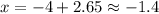 x=-4+2.65\approx -1.4