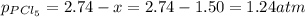 p_{PCl_5}=2.74-x=2.74-1.50=1.24atm