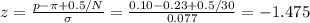 z=\frac{p-\pi+0.5/N}{\sigma}=\frac{0.10-0.23+0.5/30}{0.077}  =-1.475