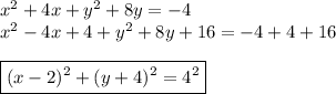 x^2+4x+y^2+8y=-4\\&#10;x^2-4x+4+y^2+8y+16=-4+4+16\\&#10;&#10;\boxed{(x-2)^2+(y+4)^2=4^2}&#10;