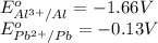 E^o_{Al^{3+}/Al}=-1.66V\\E^o_{Pb^{2+}/Pb}=-0.13V