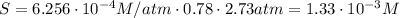 S = 6.256\cdot 10^{-4} M/atm \cdot 0.78\cdot 2.73 atm = 1.33\cdot 10^{-3} M