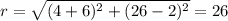 r=\sqrt{(4+6)^2+(26-2)^2}=26