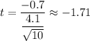 t=\dfrac{-0.7}{\dfrac{4.1}{\sqrt{10}}}\approx-1.71