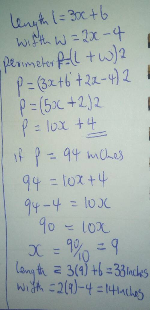 Arectangle has side lengths of 3x +6 inches and 2x -4 inches write an expression to represent the pe