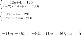 \left \{ {{12u + 4n = 120} \atop {(-2)*(14u + 2n = 100)}} \right. \\\\\left \{ {{12u + 4n = 120} \atop {-28u - 4n = -200}} \right. \\\\\\\left \ {{-16u + 0n = -80} \\,\\\left \ {{16u = 80}\\,\left \ {{u = 5} \\\\