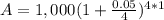 A=1,000(1+\frac{0.05}{4})^{4*1}