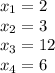 x_1=2\\x_2=3\\x_3=12\\x_4=6