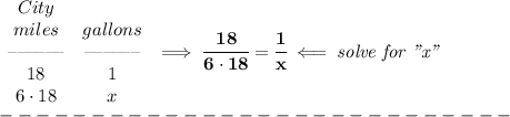 \bf \begin{array}{ccllll}&#10;City\\&#10;miles&gallons\\&#10;\textendash\textendash\textendash\textendash\textendash\textendash&\textendash\textendash\textendash\textendash\textendash\textendash\\&#10;18&1\\&#10;6\cdot 18&x&#10;\end{array}\implies \cfrac{18}{6\cdot 18}=\cfrac{1}{x}\impliedby \textit{solve for "x"}&#10;\\&#10;----------------------------\\&#10;