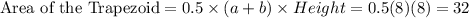 \textrm{Area of the Trapezoid} =0.5\times (a+b)\times Height=0.5(8)(8)=32