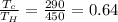 \frac{T_{c}}{T_{H}}=\frac{290}{450}=0.64