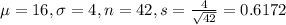 \mu = 16, \sigma = 4, n = 42, s = \frac{4}{\sqrt{42}} = 0.6172