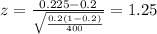 z=\frac{0.225 -0.2}{\sqrt{\frac{0.2(1-0.2)}{400}}}=1.25