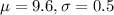 \mu = 9.6, \sigma = 0.5