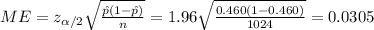 ME=z_{\alpha/2} \sqrt{\frac{\hat p(1-\hat p)}{n}}=1.96\sqrt{\frac{0.460(1-0.460)}{1024}}=0.0305