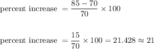\begin{aligned}&\text { percent increase }=\frac{85-70}{70} \times 100\\\\&\text { percent increase }=\frac{15}{70} \times 100=21.428 \approx 21\end{aligned}