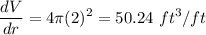 \displaystyle\frac{dV}{dr} = 4\pi (2)^2 = 50.24~ft^3/ft