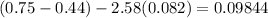 (0.75-0.44) - 2.58(0.082)=0.09844