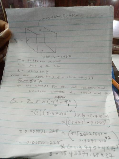 Consider a 4.45-m × 4.45-m × 4.45-m cubical furnace whose floor and ceiling are black and whose side