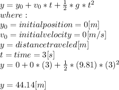 y = y_{0} +v_{0} *t+\frac{1}{2} *g*t^{2} \\where:\\y_{0} =initial position =0[m]\\v_{0}=initial velocity = 0[m/s]\\y= distance traveled [m]\\t=time = 3[s]\\y = 0 +0 *(3)+\frac{1}{2} *(9.81)*(3)^{2} \\\\y=44.14[m]