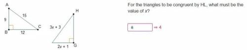 For the triangles to be congruent by hl, what must be the value of x?