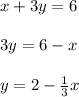 x+3y=6\\\\3y=6-x\\\\y=2-\frac{1}{3} x