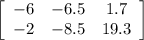 \left[\begin{array}{ccc}-6&-6.5&1.7\\-2&-8.5&19.3\end{array}\right]