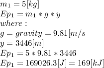 m_{1}=5 [kg]\\ Ep_{1}= m_{1}*g*y\\where:\\g=gravity=9.81[m/s}\\y=3446 [m]\\ Ep_{1}=5*9.81*3446\\Ep_{1}=169026.3[J] = 169 [kJ]