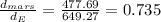 \frac{d_{mars}}{d_E}=\frac{477.69}{649.27}=0.735