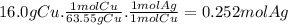 16.0gCu.\frac{1molCu}{63.55gCu} .\frac{1molAg}{1molCu} =0.252 molAg