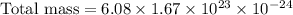 \text{Total mass}=6.08\times 1.67\times  10^{23}\times 10^{-24}