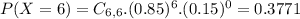 P(X = 6) = C_{6,6}.(0.85)^{6}.(0.15)^{0} = 0.3771