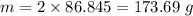 m=2\times 86.845=173.69\ g