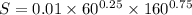 S = 0.01 \times 60^{0.25}\times 160^{0.75}