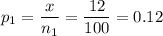 p_1 = \displaystyle\frac{x}{n_1} = \frac{12}{100} = 0.12