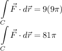 \displaystyle \int\limits_C \vec F \cdot d\vec r = 9(9\pi)\\\displaystyle \int\limits_C \vec F \cdot d\vec r = 81 \pi