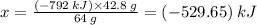 x = \frac{(- 792\: kJ) \times 42.8\: g}{64\: g} = (-529.65)\: kJ